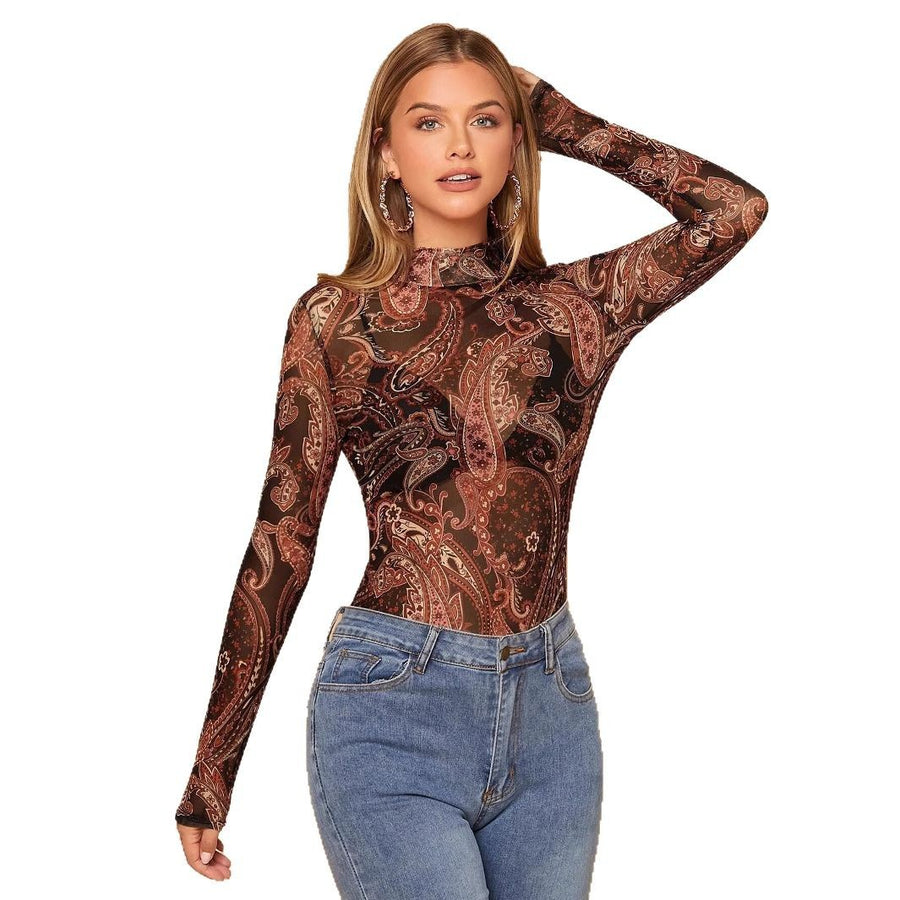 Paisley Printed Stand Collar Mesh Long Sleeve Top