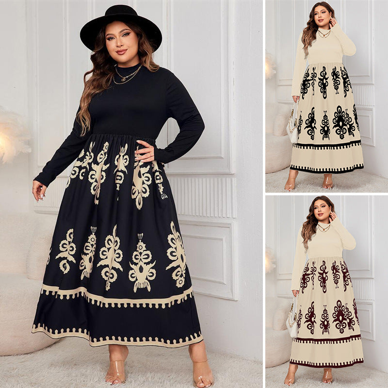 Printed Black Loose Long Sleeve Dress