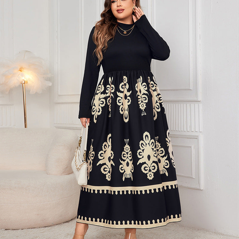 Printed Black Loose Long Sleeve Dress