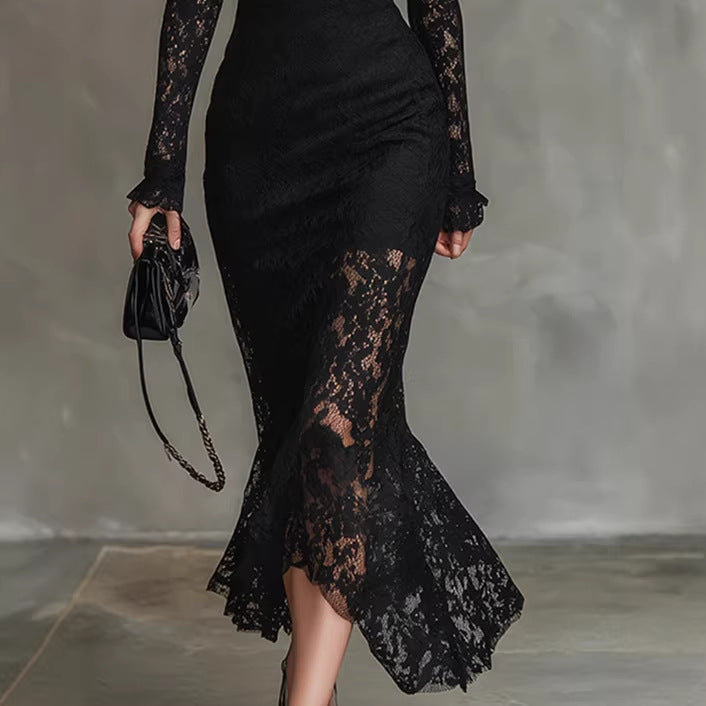 Black Lace Mermaid Maxi Dress