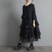 Black Lace Stitching Long Sleeve Loose Retro Dress