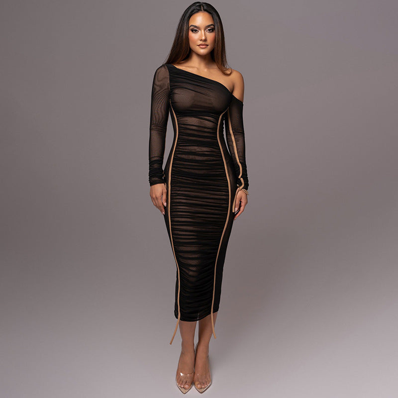 Diagonal Collar Long Sleeve High Waist Mesh Dress