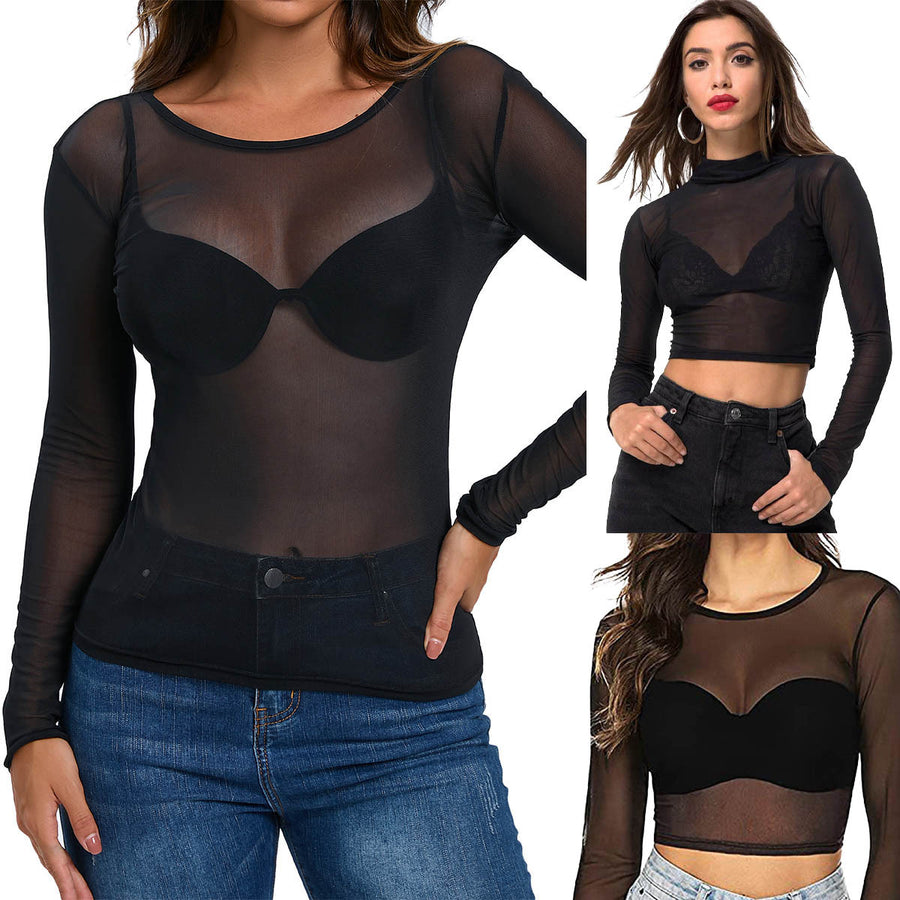 Simple And Sexy Slim-fit See-through Tight Long Sleeve Mesh Top