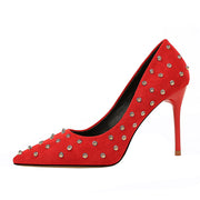 Sexy Korean Style Khaki Suede Rivet Pointed Stiletto Heels