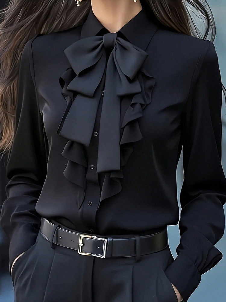 Elegant Ruffle-Trimmed Shirt With A Flowing Bow Tie