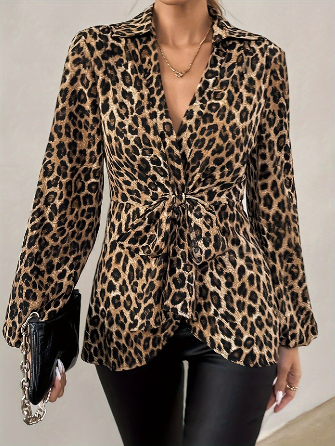 Tiger Printed Lace-up V-neck Elegant Long-sleeve Top