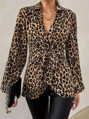 Tiger Printed Lace-up V-neck Elegant Long-sleeve Top
