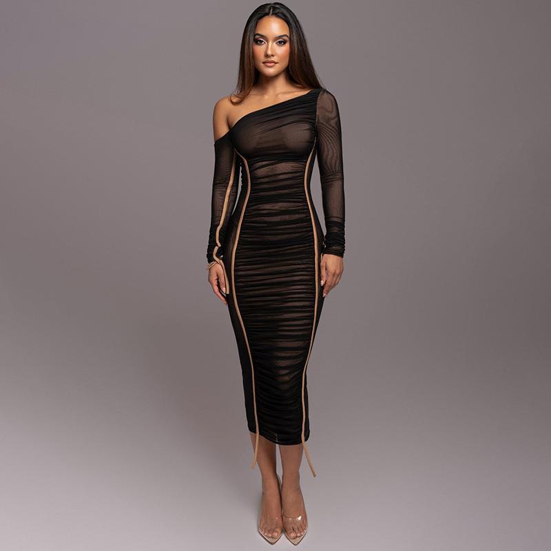 Diagonal Collar Long Sleeve High Waist Mesh Dress