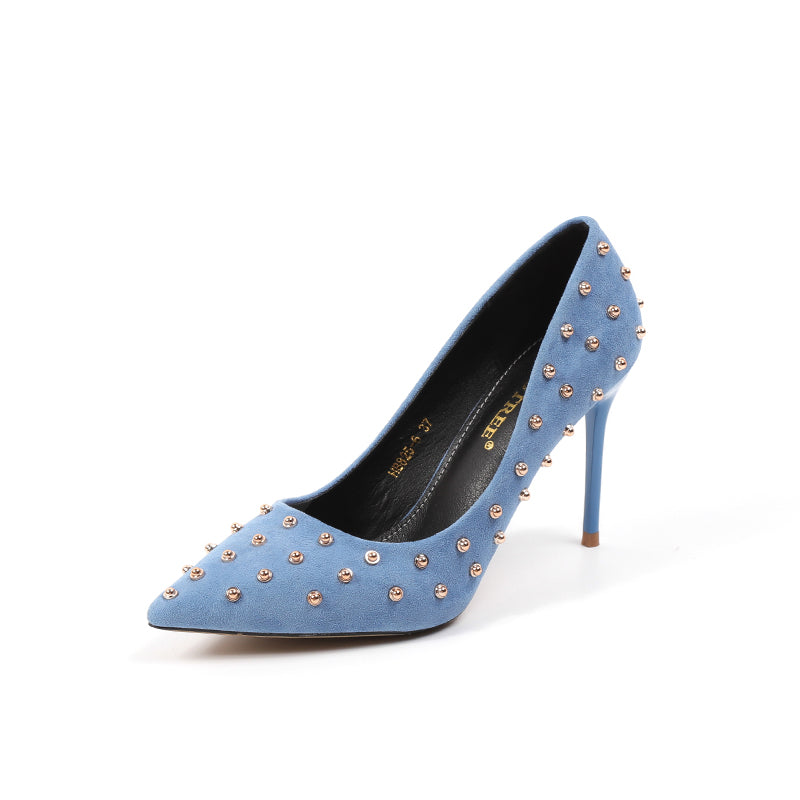 Sexy Korean Style Khaki Suede Rivet Pointed Stiletto Heels