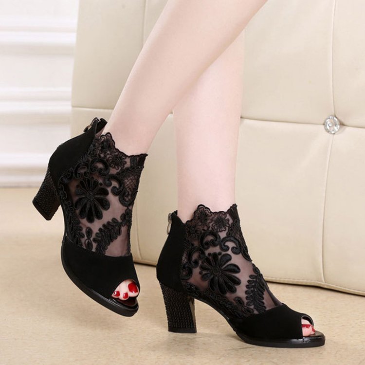 Sexy Lace Mesh Peep Toe Ankle Heel Sandals