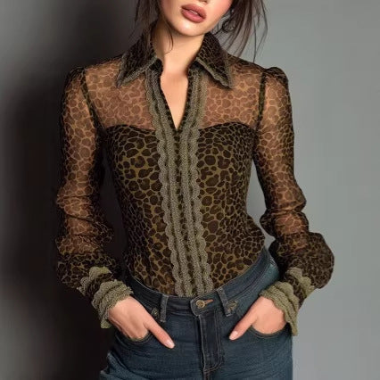 Sexy Lace Leopard-Print Vintage Long-Sleeve Top