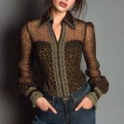 Sexy Lace Leopard-Print Vintage Long-Sleeve Top