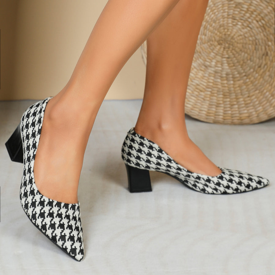 Houndstooth High Heels, Low-cut Chunky Shoes