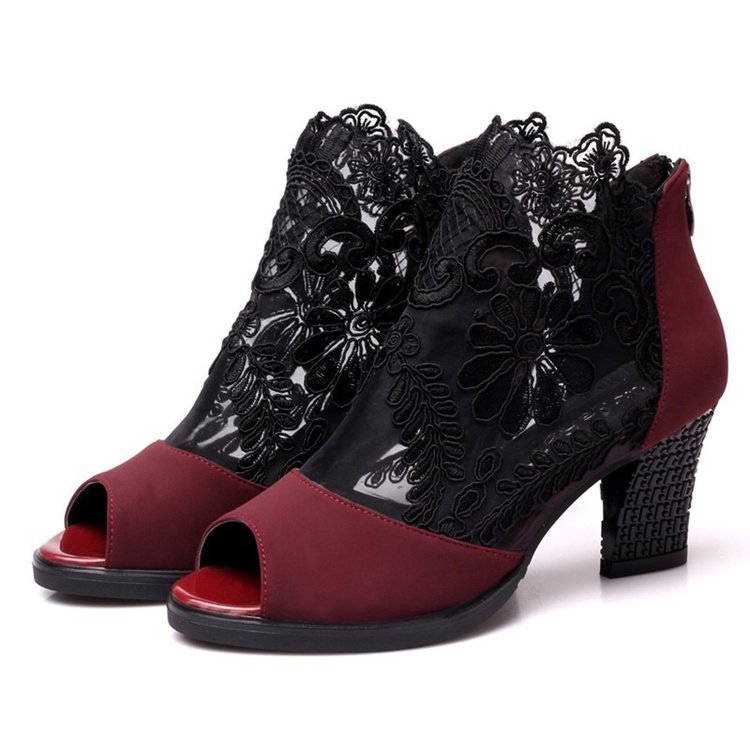 Sexy Lace Mesh Peep Toe Ankle Heel Sandals
