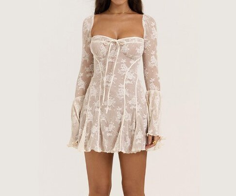Self-tie Lace Beautiful Long Sleeve Dress