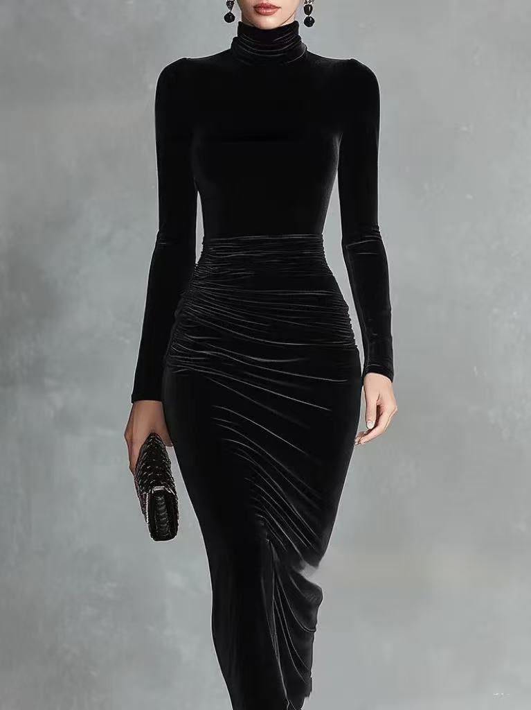Black Velvet Sexy Half Turtleneck Classic Dress