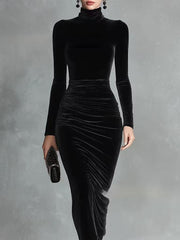 Black Velvet Sexy Half Turtleneck Classic Dress
