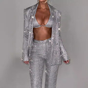 Super Sexy 3pcs Shiny Long-sleeved Suit With Bra Lapel Blazer And Straight-leg Trousers