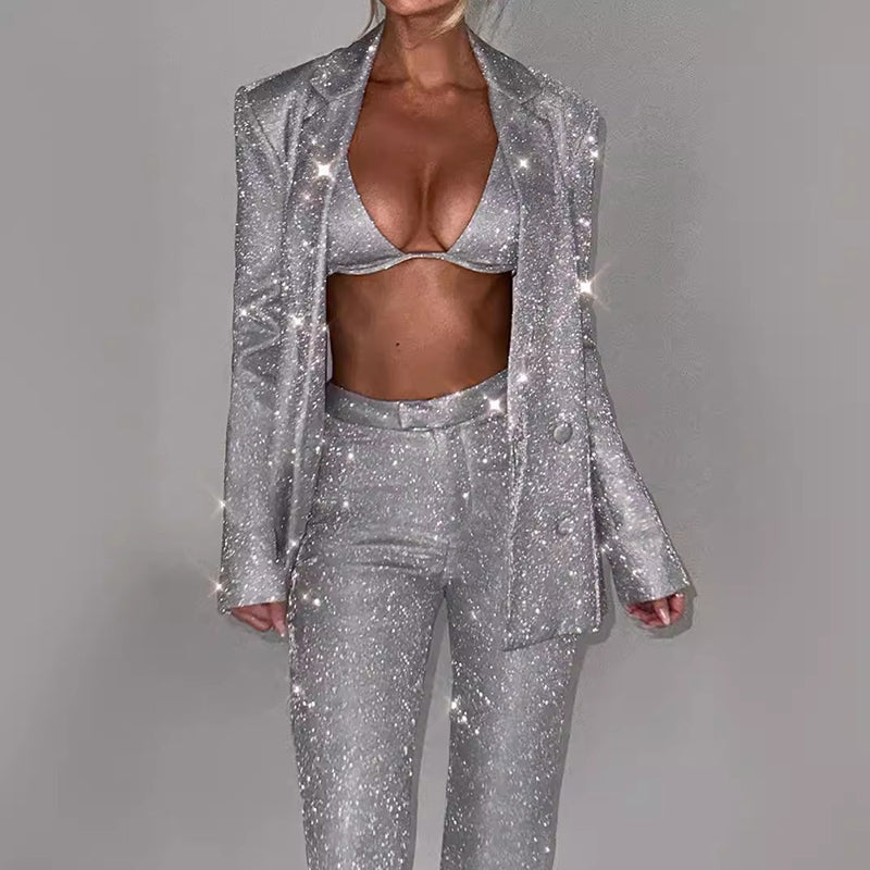 Super Sexy 3pcs Shiny Long-sleeved Suit With Bra Lapel Blazer And Straight-leg Trousers