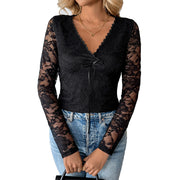 See-through Lace V-neck Long Sleeve Black Top