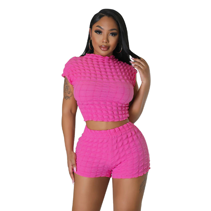 Chic Popcorn Texture Crop Top & Shorts Set
