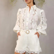 French Style Temperament Elegant Style Fashion Polo Collar Embroidered Lace Shirt Shorts Suit