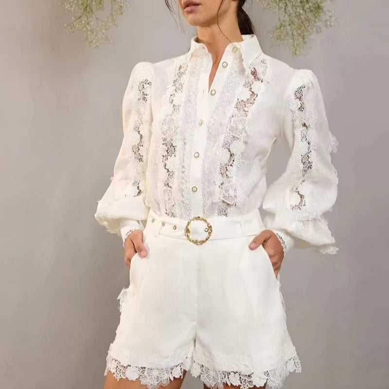 French Style Temperament Elegant Style Fashion Polo Collar Embroidered Lace Shirt Shorts Suit