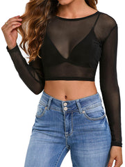 Simple And Sexy Slim-fit See-through Tight Long Sleeve Mesh Top