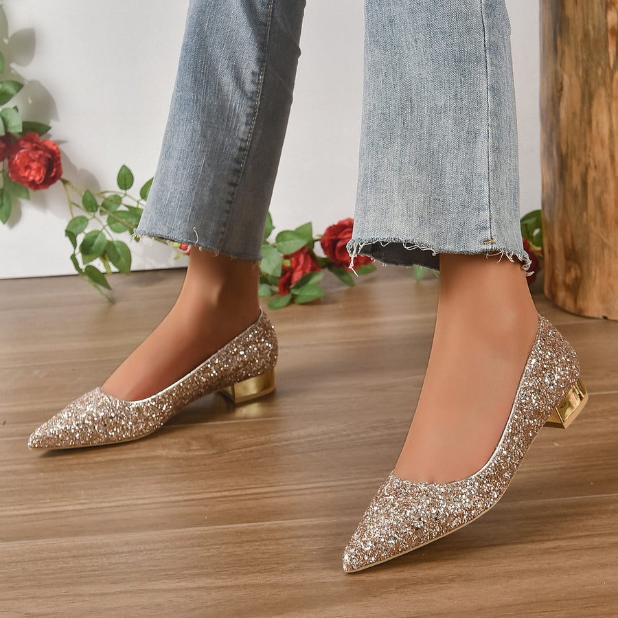 Elegant Crystal Sequin Low Heels