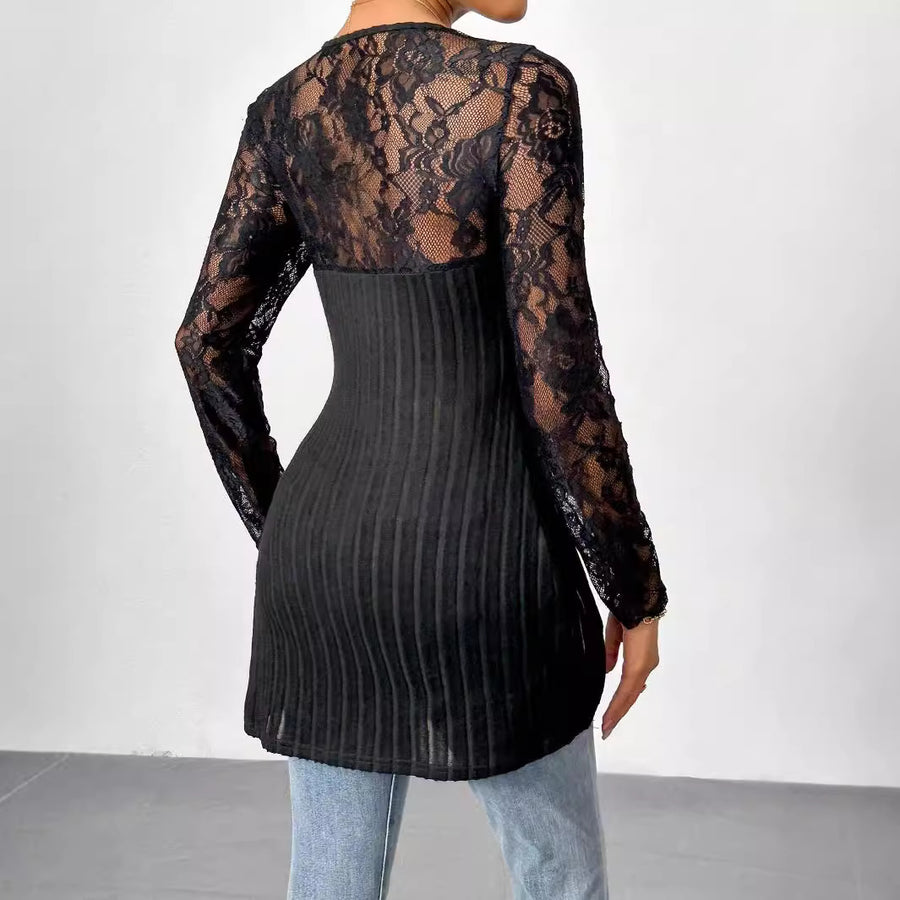 Lace Stitching Long Sleeve Irregular Top