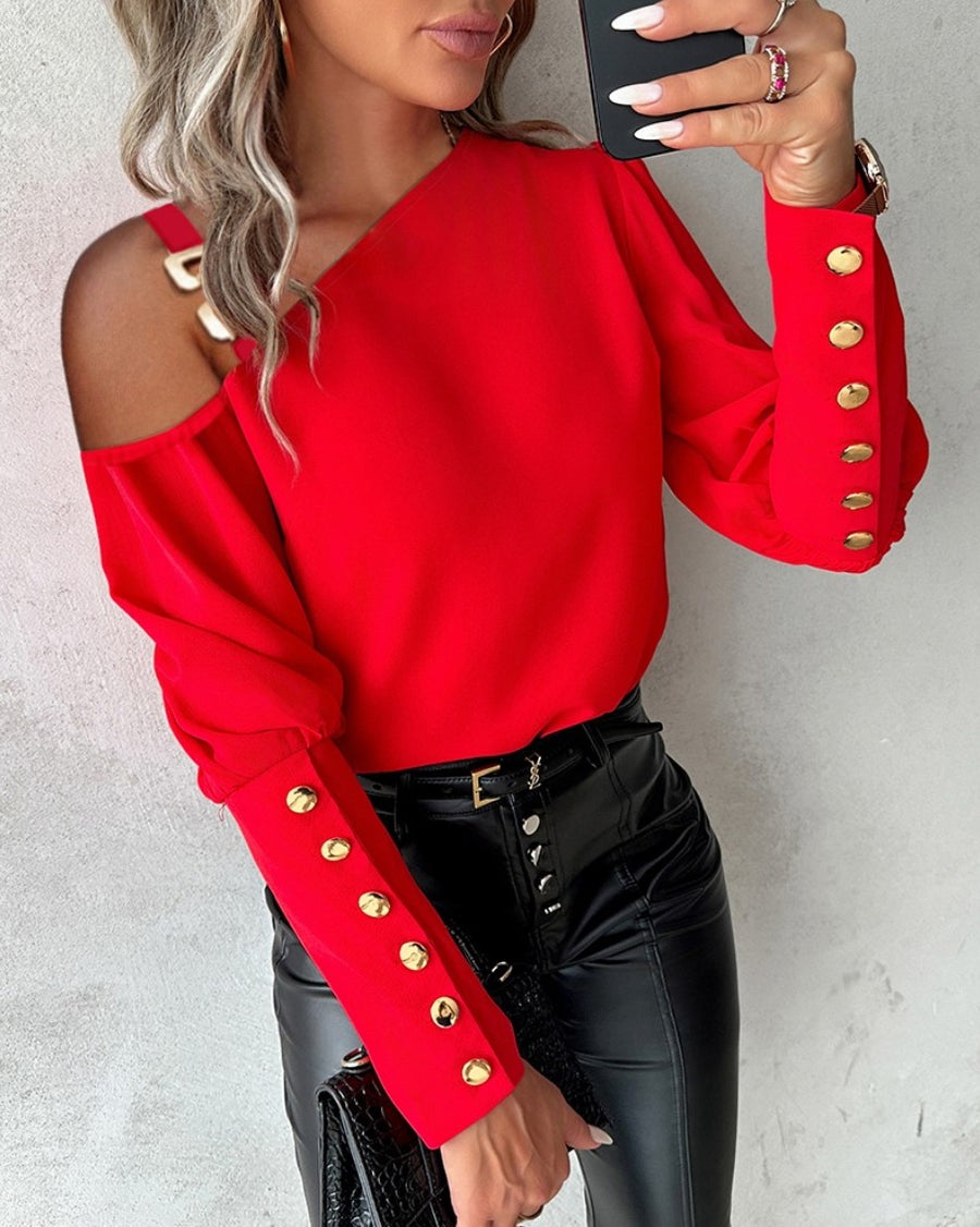 Lantern Sleeve Button Splicing Cool Top