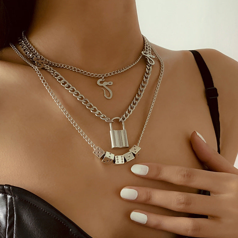 Trendy Cool Lock & Cubes Necklace