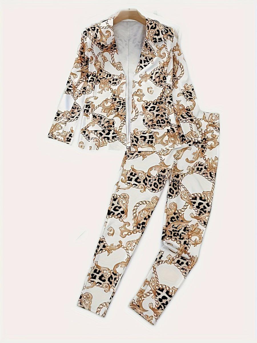 Chic Geometric Print Blazer & Pants Set