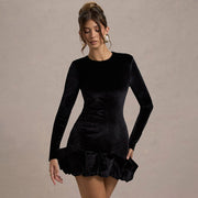 Round Neck Long Sleeve Velvet Three-dimensional Pleated Dress