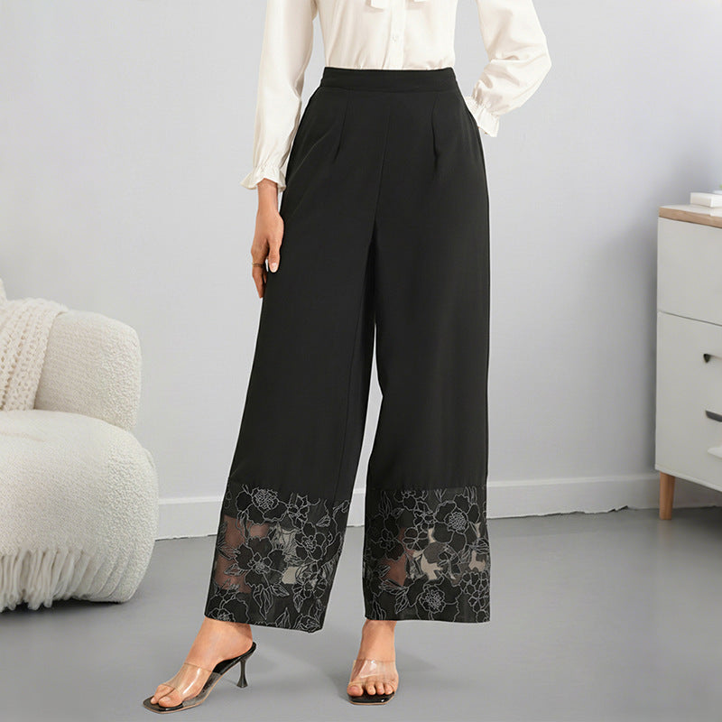Sheer Lace-panel Straight-leg Classic Elegant Pants