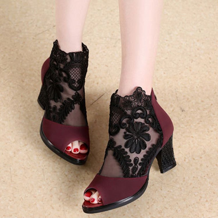 Sexy Lace Mesh Peep Toe Ankle Heel Sandals