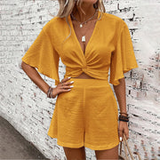Sweet Summer V-neck Ruffle Sleeve Set - Top And Shorts