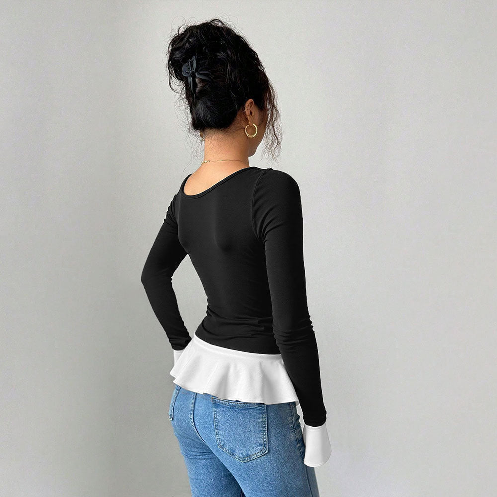 Black One-shoulder Strap Metal Ring Buckle Embellished With Ruffled Hem Top