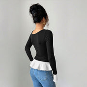 Black One-shoulder Strap Metal Ring Buckle Embellished With Ruffled Hem Top