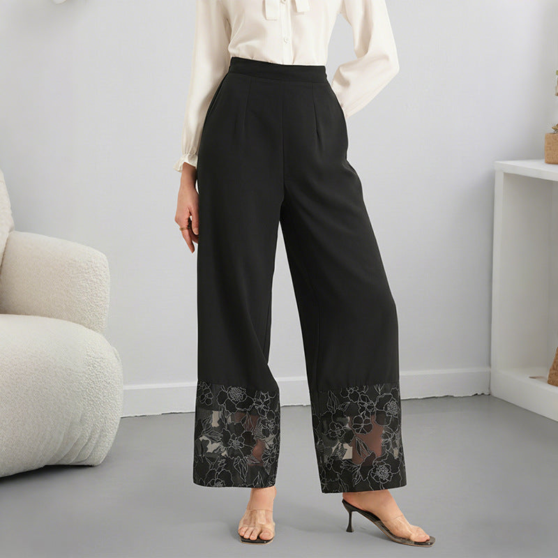 Sheer Lace-panel Straight-leg Classic Elegant Pants