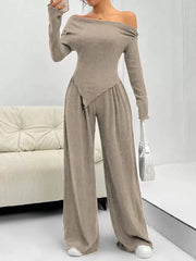 Solid-color Elegant Off-shoulder Sleeveless Shirt And Wide-leg Pants Set