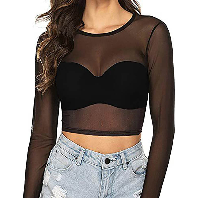 Simple And Sexy Slim-fit See-through Tight Long Sleeve Mesh Top