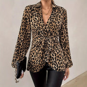 Tiger Printed Lace-up V-neck Elegant Long-sleeve Top