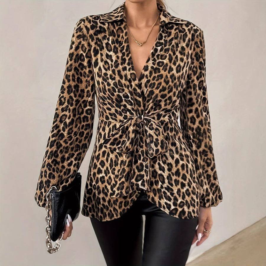 Tiger Printed Lace-up V-neck Elegant Long-sleeve Top