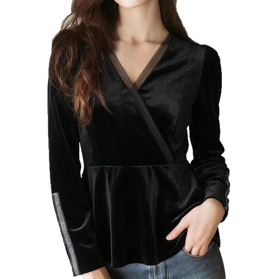 Black Velvet V-neck Figure-hugging Cinched-waist Top