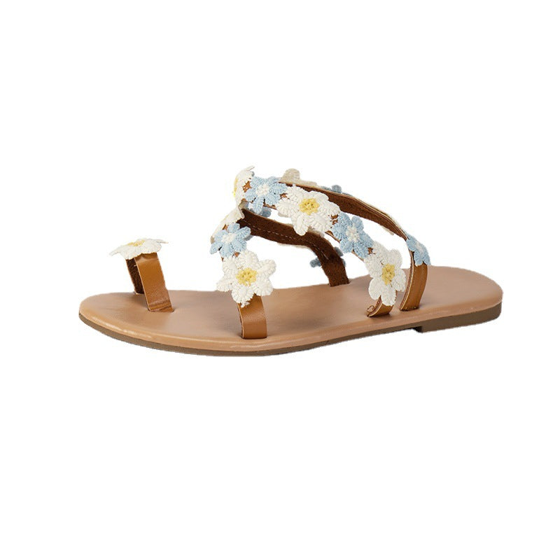 Chic Flower Toe Ring Flat Sandals