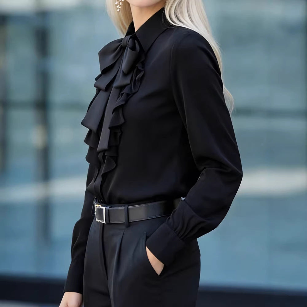 Elegant Ruffle-Trimmed Shirt With A Flowing Bow Tie