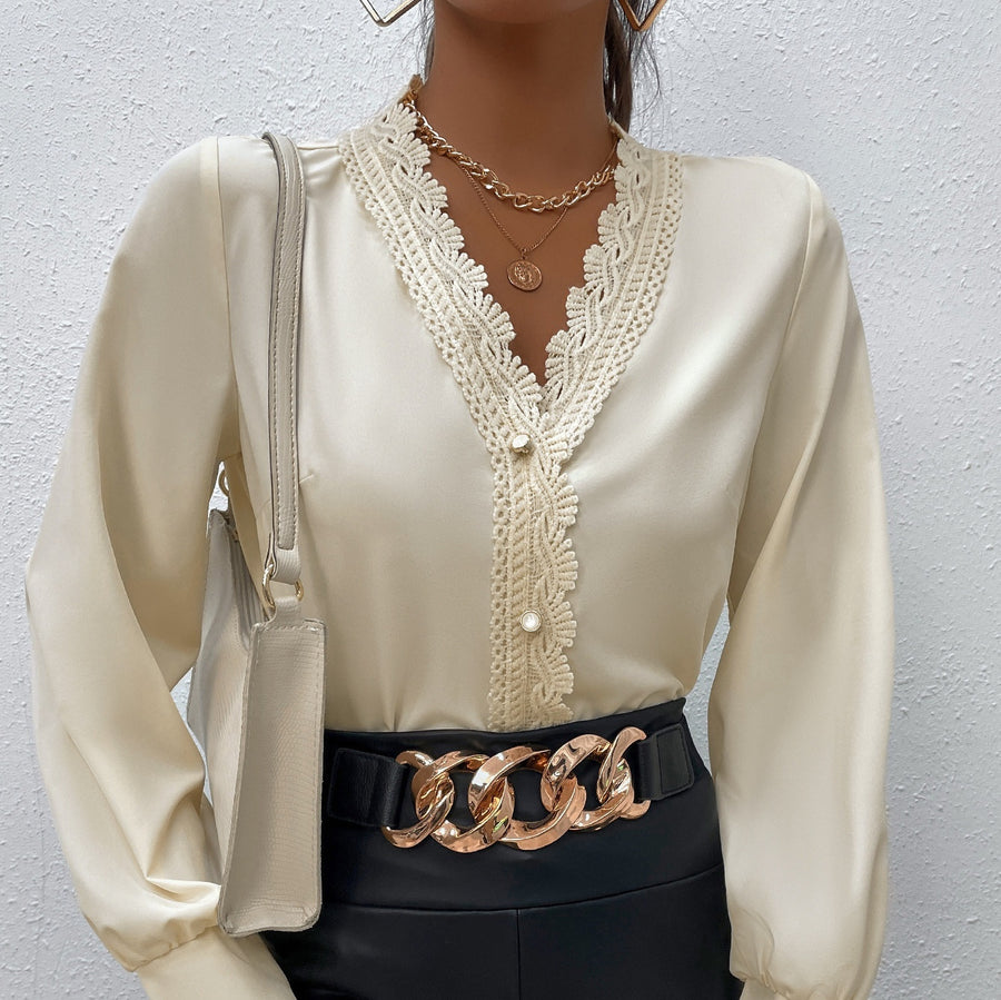 Simple, Elegant Lace Stitching V-neck Top