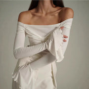 Sexy Off-shoulder Slim-fit Mesh Flared-sleeve Long Sleeve Top
