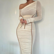 Diagonal Collar Long Sleeve High Waist Mesh Dress